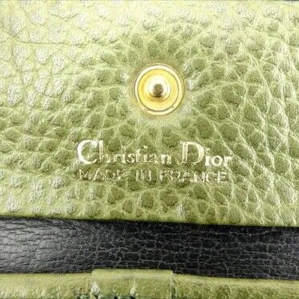 Dior Coin Purse Green Beige Gold leather Woman unisex Authentic Used T9388